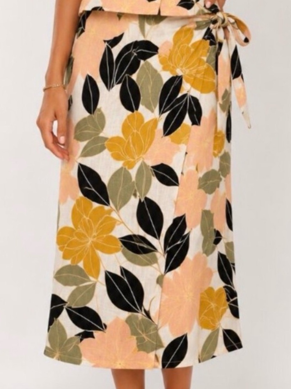 100% Linen Rachel Zoe Floral Wrap Midi Skirt in Mustard, Black & Peach
